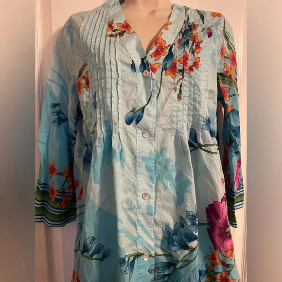 Soft Surroundings Colorful Floral Print Tunic Top Size Small 100% Cotton Coverup - Picture 2 of 6